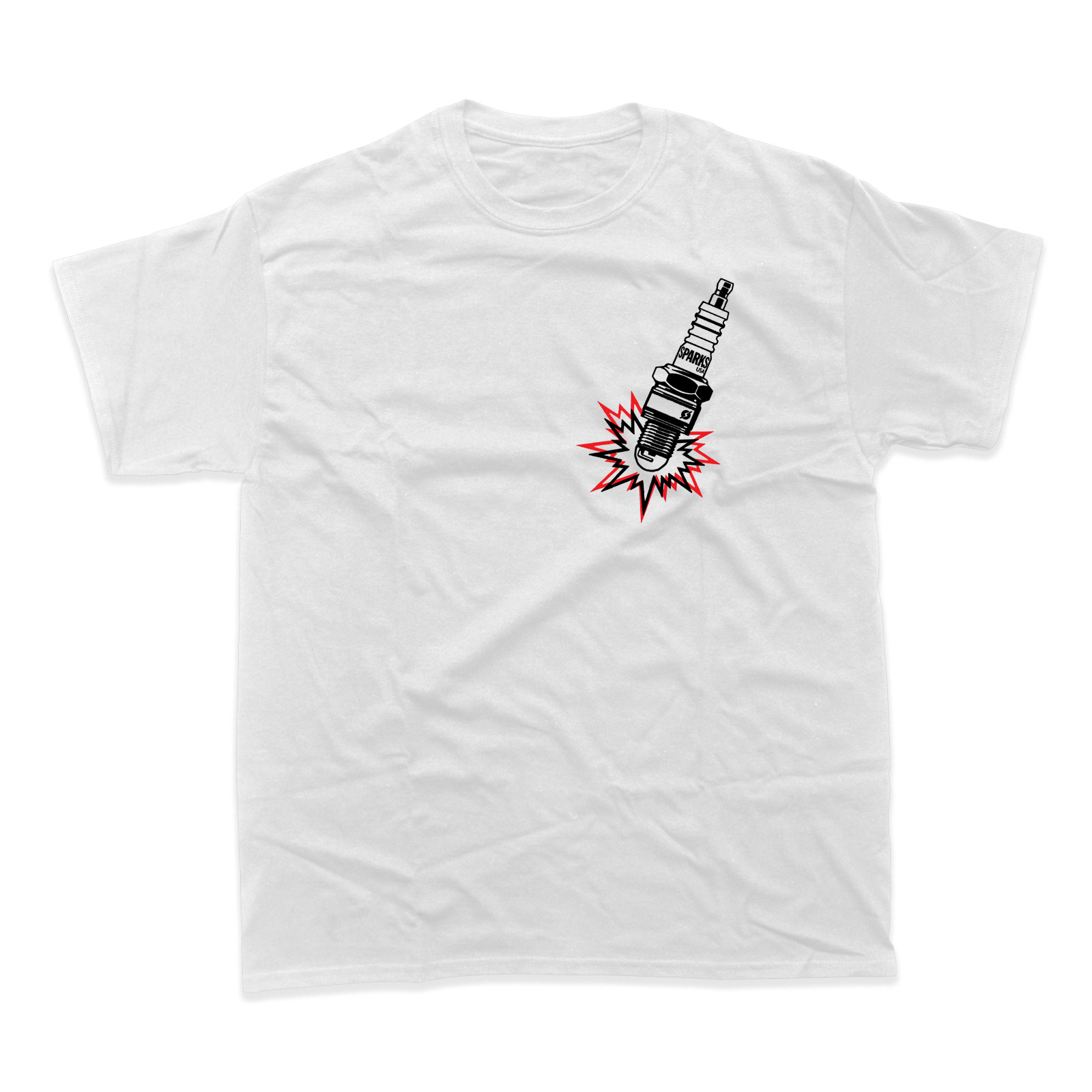 White t-shirt with a spark plug graphic on the back.