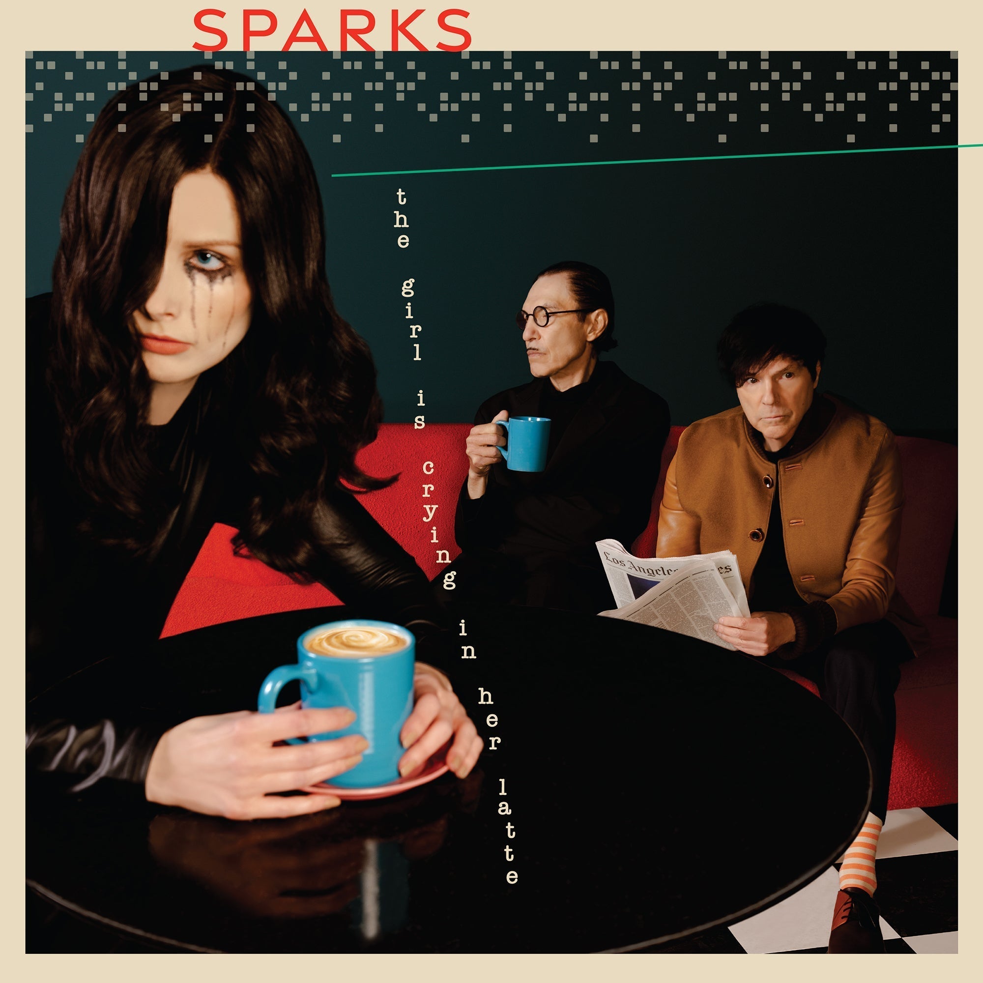 Album cover for the band Sparks featuring three people with coffee and reading material.