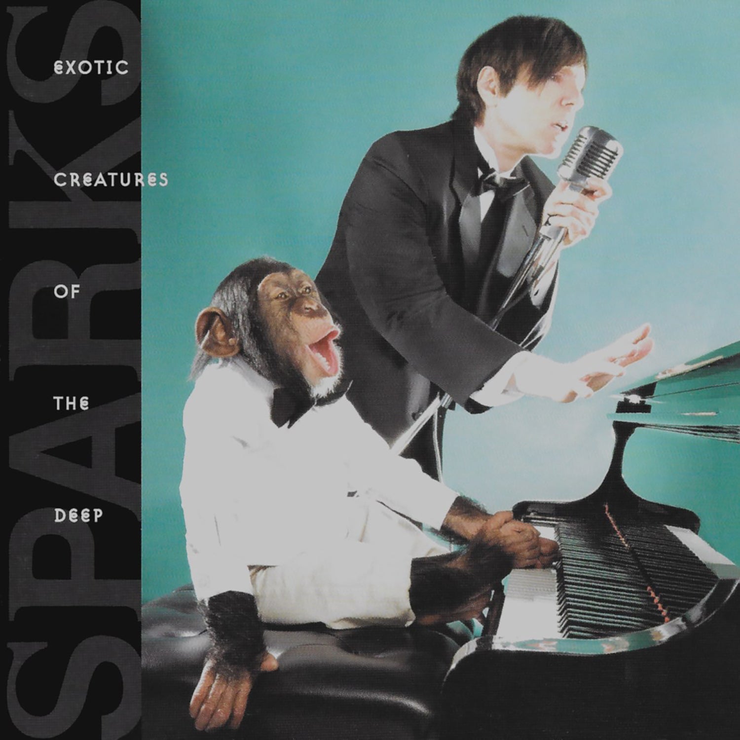 Surreal scene of a chimpanzee playing piano while a person in a suit sings into a microphone.